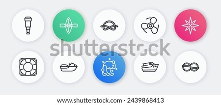 Set line Tsunami, Wind rose, Lifebuoy, Speedboat, Boat propeller, Nautical knots,  and Jet ski icon. Vector