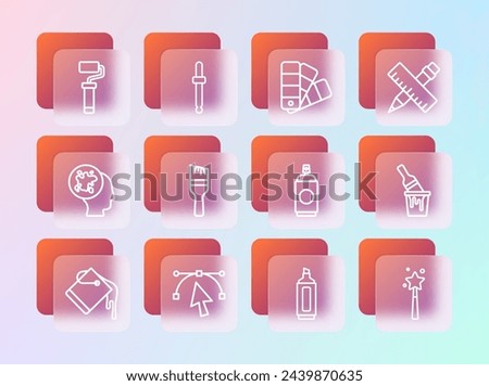 Set line Crossed ruler and pencil, Bezier curve, Paint spray can, Marker, brush, Color palette guide, roller and Eyedropper color picker icon. Vector