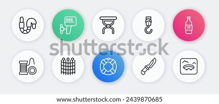 Set line Lifebuoy, Bottle of vodka, Spinning reel for fishing, Knife, Spring scale, Camping folding chair, Winter and Fishing net pattern icon. Vector