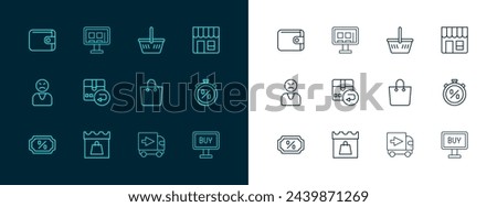 Set line Market store, Shopping day, Paper shopping bag, Delivery cargo truck, Return cardboard box, basket, Wallet and Online on screen icon. Vector