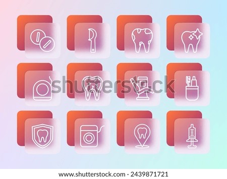 Set line Tooth whitening, Dental floss, Medical dental chair, clinic location, Broken tooth, Toothache painkiller tablet and  icon. Vector