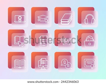 Set line Headphones, Online quiz, test, survey, Web camera, Question and Answer, Book, education with diploma and Graduation cap cursor icon. Vector