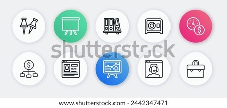Set line Monitor with graph chart, Time is money, Hierarchy dollar, Telephone 24 hours support, Safe, Office folders, Briefcase and Resume icon. Vector