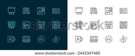 Set line Buy button, Stacks paper money cash, Monitor with dollar, Deal, Document graph chart, Video chat conference, Chalkboard and Office folders icon. Vector