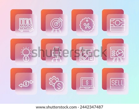 Set line Stacks paper money cash, Gear with dollar symbol, Online shopping screen, Laptop, Office chair, Discount percent tag, folders and Target financial goal icon. Vector