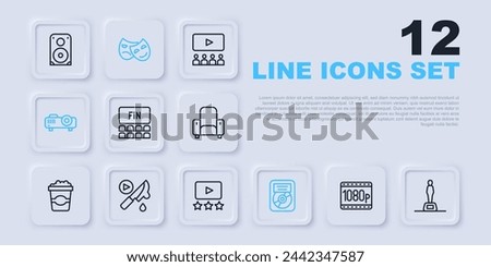 Set line Full HD 1080p, Movie trophy, Cinema auditorium with screen, CD disk award frame, Movie, film, media projector, Thriller movie, Comedy and tragedy masks and Rating icon. Vector