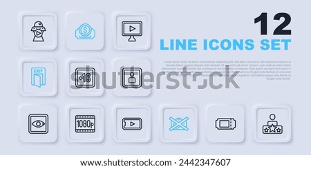 Set line Cinema ticket, Actor star, Plus 16 movie, Prohibition no video recording, Fire exit, Full HD 1080p,  and Online play icon. Vector