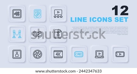 Set line Online play video, Comedy and tragedy masks, Record button, Rope barrier, Camera shutter, CD disk award frame and 4k movie icon. Vector