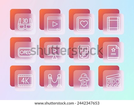 Set line Play video, Rope barrier, CD disk award in frame, Science fiction, Online play, Like heart, 3D cinema glasses and  icon. Vector