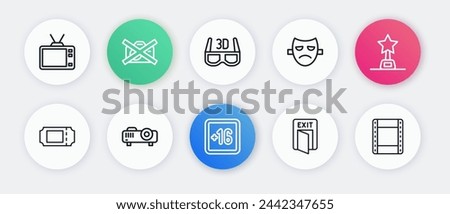 Set line Plus 16 movie, Movie trophy, Cinema ticket, Fire exit, Drama theatrical mask, 3D cinema glasses, Play video and Movie, film, media projector icon. Vector