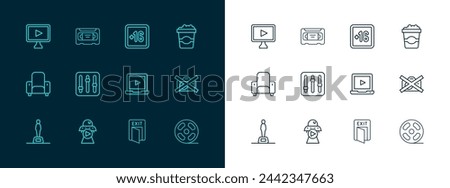 Set line Popcorn in cardboard box, Science fiction, Online play video, Fire exit, Sound mixer controller, Plus 16 movie,  and VHS cassette tape icon. Vector