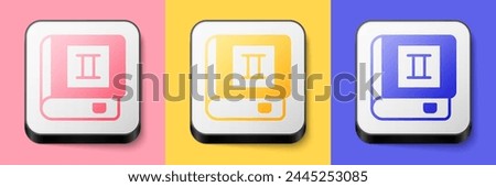 Isometric Book icon isolated on pink, yellow and blue background. Second volume. Square button. Vector