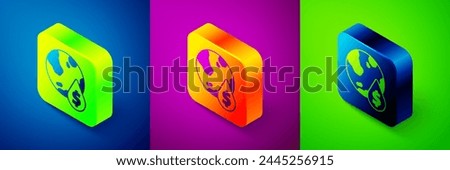 Isometric Oil drop with dollar symbol icon isolated on blue, purple and green background. Oil price. Oil and petroleum industry. Square button. Vector
