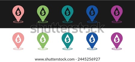 Set Oil drop with dollar symbol icon isolated on black and white background. Oil price. Oil and petroleum industry.  Vector