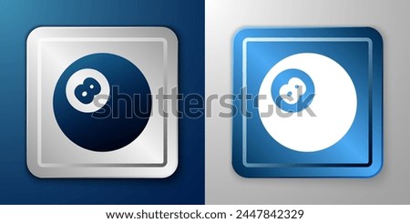 White Billiard pool snooker ball with number 8 icon isolated on blue and grey background. Silver and blue square button. Vector