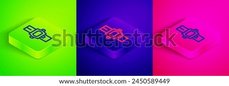 Isometric line Wrist watch icon isolated on green, blue and pink background. Wristwatch icon. Square button. Vector