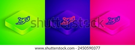 Isometric line Carnival mask icon isolated on green, blue and pink background. Masquerade party mask. Square button. Vector