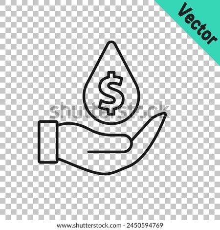Black line Oil drop with dollar symbol icon isolated on transparent background. Oil price. Oil and petroleum industry.  Vector