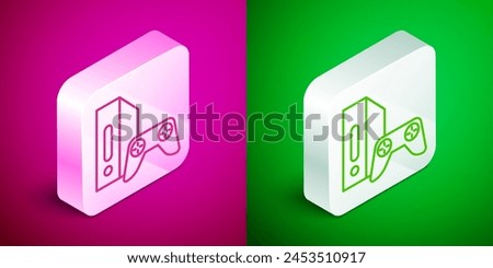 Isometric line Video game console with joystick icon isolated on pink and green background. Silver square button. Vector