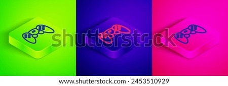 Isometric line Game controller or joystick for game console icon isolated on green, blue and pink background. Square button. Vector