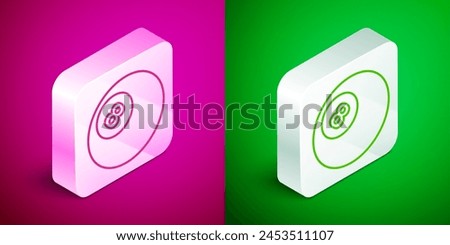 Isometric line Billiard pool snooker ball with number 8 icon isolated on pink and green background. Silver square button. Vector