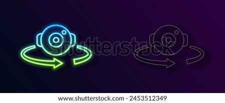 Glowing neon line 360 degree view icon isolated on black background. Virtual reality. Angle 360 degree camera. Panorama photo.  Vector