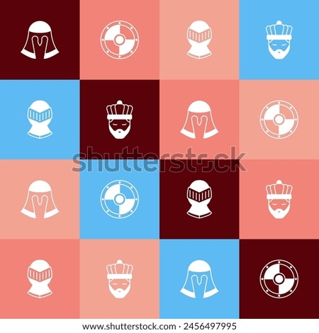 Set pop art Medieval helmet, Round shield,  and King with crown icon. Vector