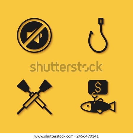 Set Speaker mute, Price tag for fish, Crossed oars paddles boat and Fishing hook icon with long shadow. Vector