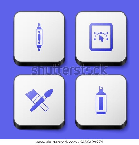 Set Marker pen, Computer with design program, Paint brush and  icon. White square button. Vector