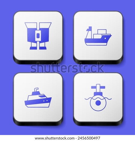 Set Binoculars, Cargo ship, Speedboat and Submarine icon. White square button. Vector