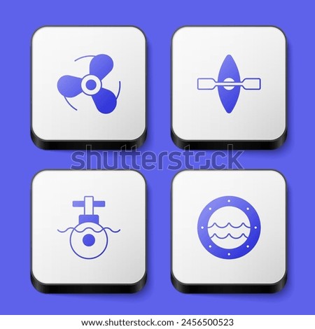 Set Boat propeller, Kayak and paddle, Submarine and Ship porthole icon. White square button. Vector