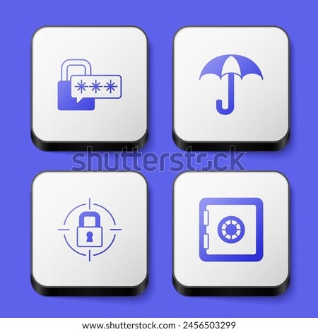 Set Cyber security, Umbrella, Lock and Safe icon. White square button. Vector