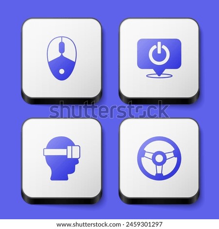 Set Computer mouse, Power button, Virtual reality glasses and Racing simulator icon. White square button. Vector