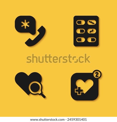 Set Emergency call 911, Mobile with heart rate, Medical inspection and Pills blister pack icon with long shadow. Vector