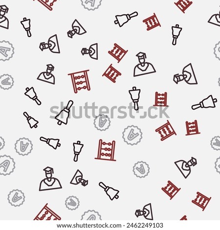 Set line Ringing bell, Graduate and graduation cap, Exam sheet with A plus grade and Abacus on seamless pattern. Vector