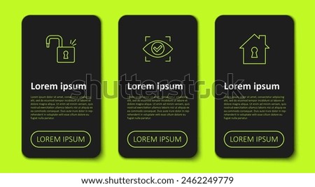 Set line Open padlock, Eye scan and House under protection. Business infographic template. Vector