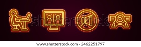 Set line Freelancer, Video chat conference, Mute microphone and Web camera. Glowing neon icon. Vector