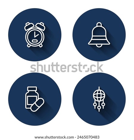 Set line Alarm clock, Ringing bell, Sleeping pill and Dream catcher with feathers with long shadow. Blue circle button. Vector