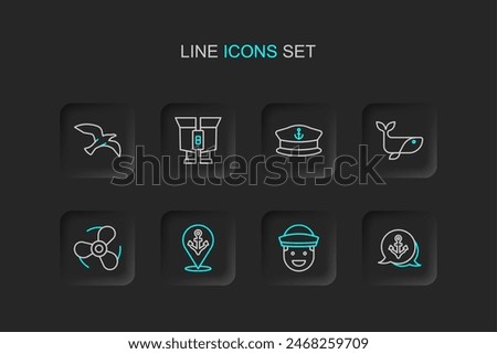 Set line Anchor, Sailor, Location with anchor, Boat propeller, Whale, Captain hat, Binoculars and Bird seagull icon. Vector