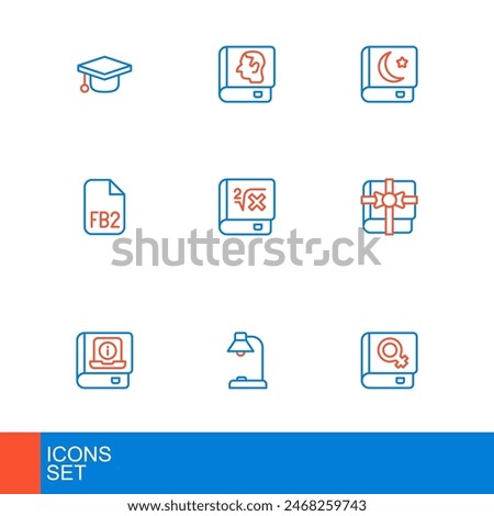 Set line Book about women, Table lamp, User manual, as gift, FB2 File, with mathematics, Holy book of Koran and Law icon. Vector