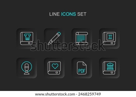 Set line Law book, PDF file document, Romance, Microphone, Book, Decree, parchment, scroll, Pencil with eraser and History icon. Vector