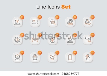 Set line Smart glasses on spectacles, Mobile phone, Earth with exclamation mark, Artificial intelligence robot, Cloud database, Security camera, Hologram and Energy drink icon. Vector