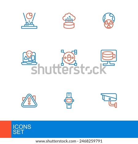 Set line Security camera, Exclamation mark in triangle, Cloud database, Internet piracy, Blockchain technology Bitcoin, Planet earth and radiation and Network cloud connection icon. Vector