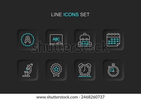 Set line Stopwatch, Alarm clock, Medal with star, Microscope, School timetable, backpack, Chalkboard and Exam sheet plus grade icon. Vector