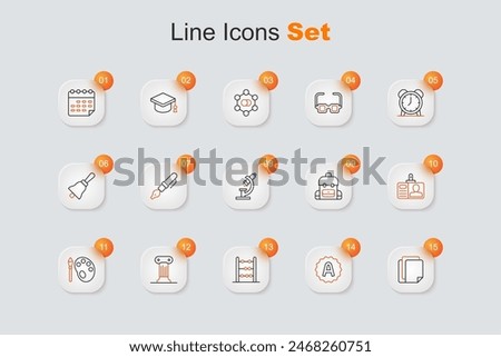 Set line File document, Exam sheet with A plus grade, Abacus, Law pillar, Paint brush palette, Identification badge, School backpack and Microscope icon. Vector