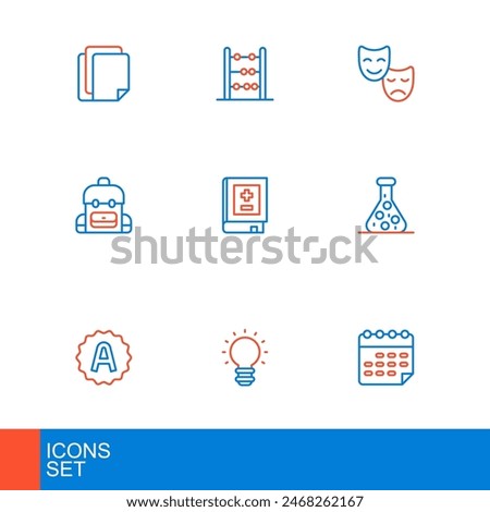 Set line School timetable, Creative lamp light idea, Exam sheet with A plus grade, Test tube, backpack, Book mathematics, Comedy and tragedy masks and Abacus icon. Vector