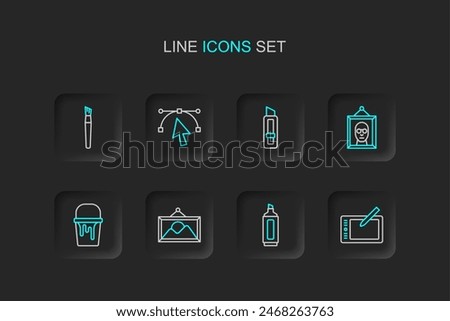 Set line Graphic tablet, Marker pen, Picture landscape, Paint bucket, Stationery knife, Bezier curve and brush icon. Vector