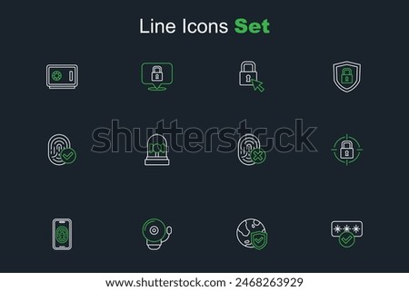 Set line Password protection, Shield with world globe, Ringing alarm bell, Mobile fingerprint scanner, Lock, Cancelled,  and Fingerprint icon. Vector