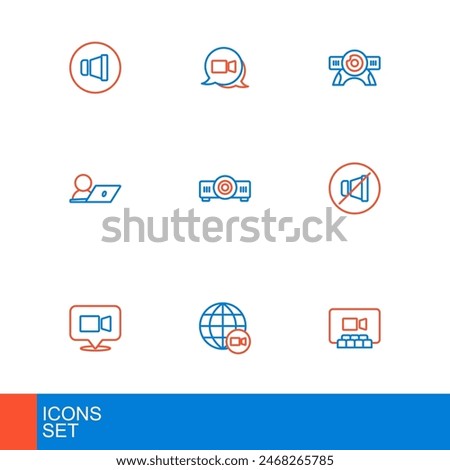 Set line Video chat conference, Mute microphone, Movie, film, media projector, Web camera and  icon. Vector