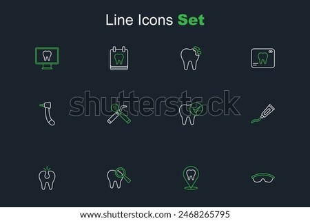 Set line Safety goggle glasses, Dental clinic location, Broken tooth, Tube of toothpaste, Tooth, mirror and probe and drill icon. Vector